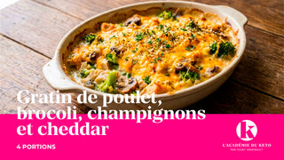 Gratin de poulet, brocoli, champignons et cheddar