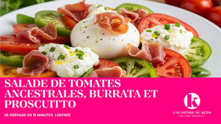 Salade de tomates ancestrales, crème de burrata et prosciutto croustillant
